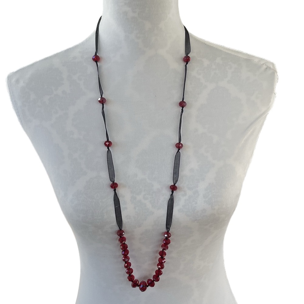 Elegant Long Black Ribbon Necklace with Red Crystal Accents